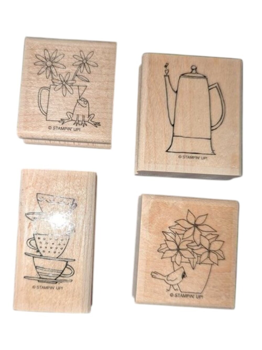 NEW Stampin' Up! Set of 4 Coffee Pot Pitcher Flowers Tea Cups Wood Rubber stamps
